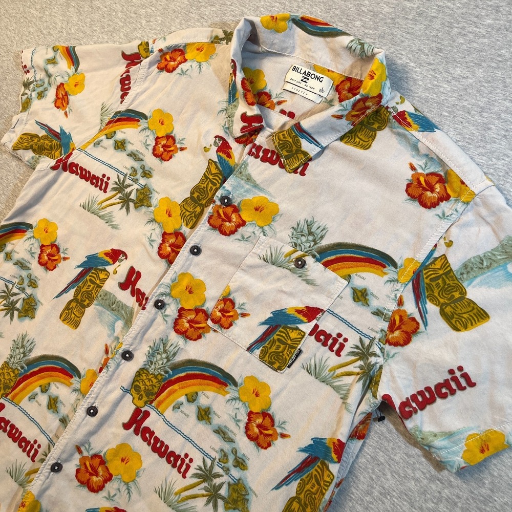 Billabong‎ Hawaiian Shirt Mens Large White Tiki Parrot Rainbow Stretch Aloha L